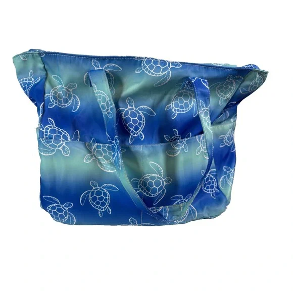 Sea Turtle Ombré Beach Tote Bag with Matching Towel Blue Green Ocean Print - Picture 1 of 12